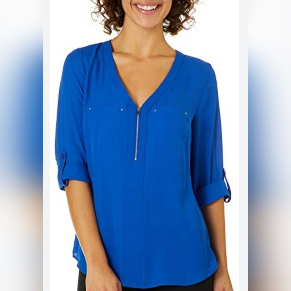 NEW ALYX Blue Blouse Size 1X Lightweight 3/4 Sleeves Flowy V-Neck Office Savvy - Picture 1 of 13